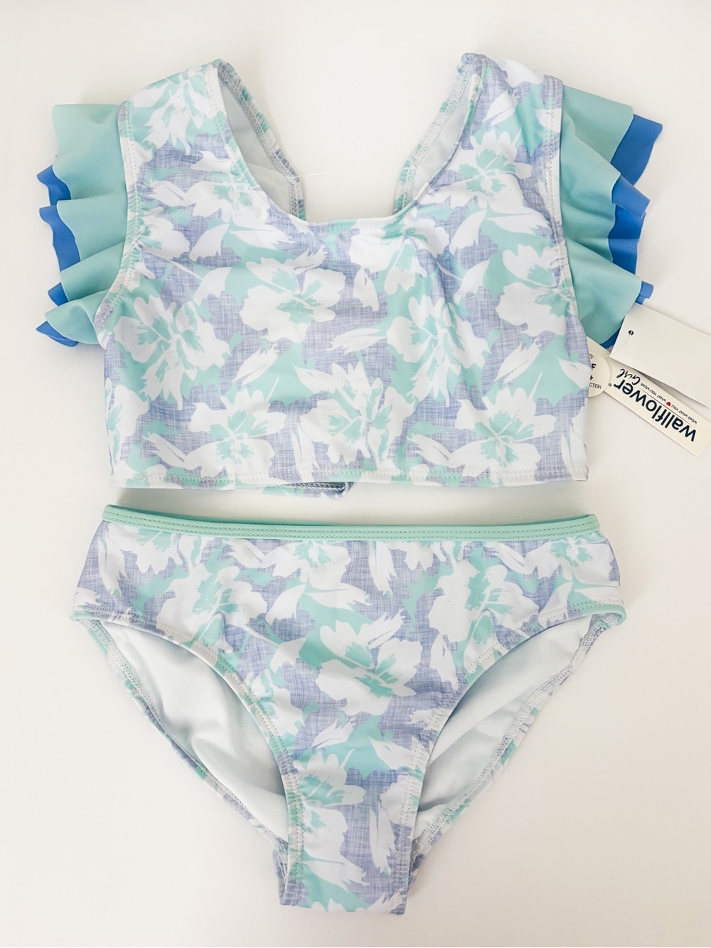 Wallflower Girl Mint and Blue Floral Ruffle-Sleeve Two-Piece Swimsuit 10/12 NEW